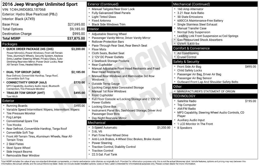 2016 Jeep Wrangler Unlimited Sport