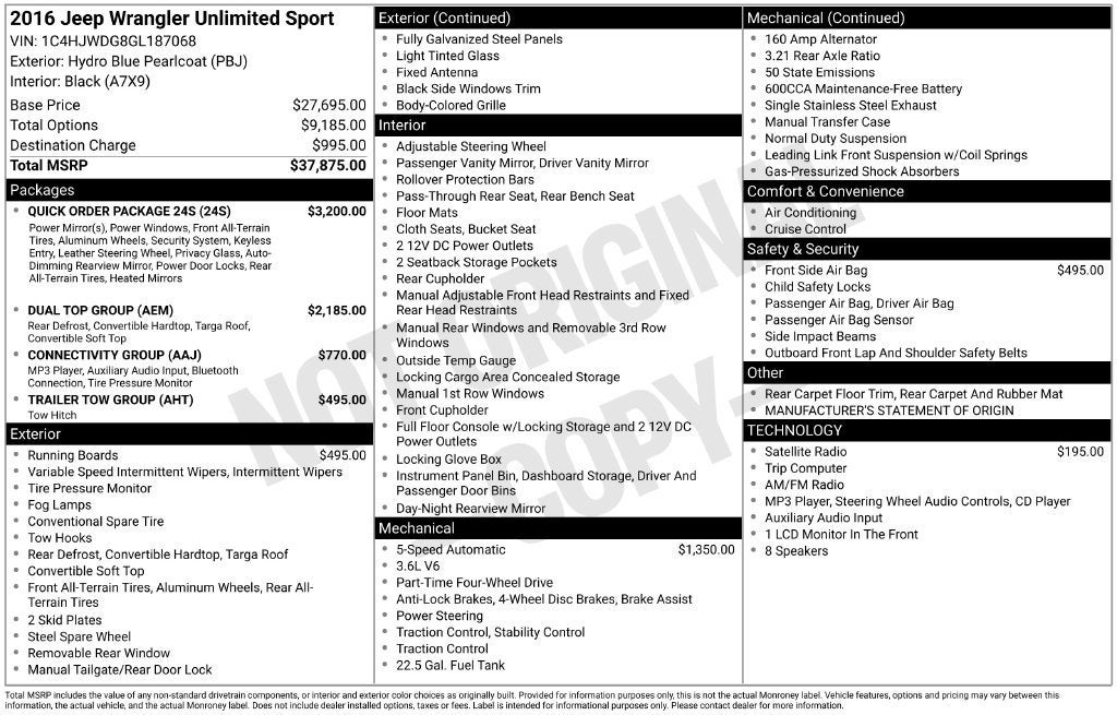 2016 Jeep Wrangler Unlimited Sport
