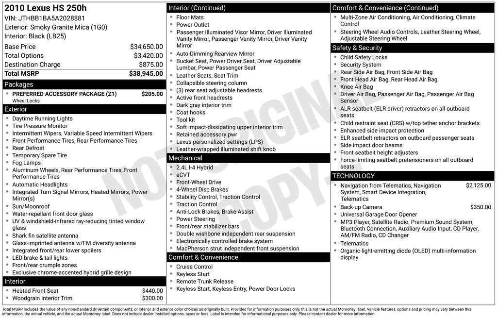 2010 Lexus HS 250h NA