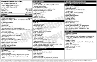 2022 Kia Carnival MPV LX Seat Package