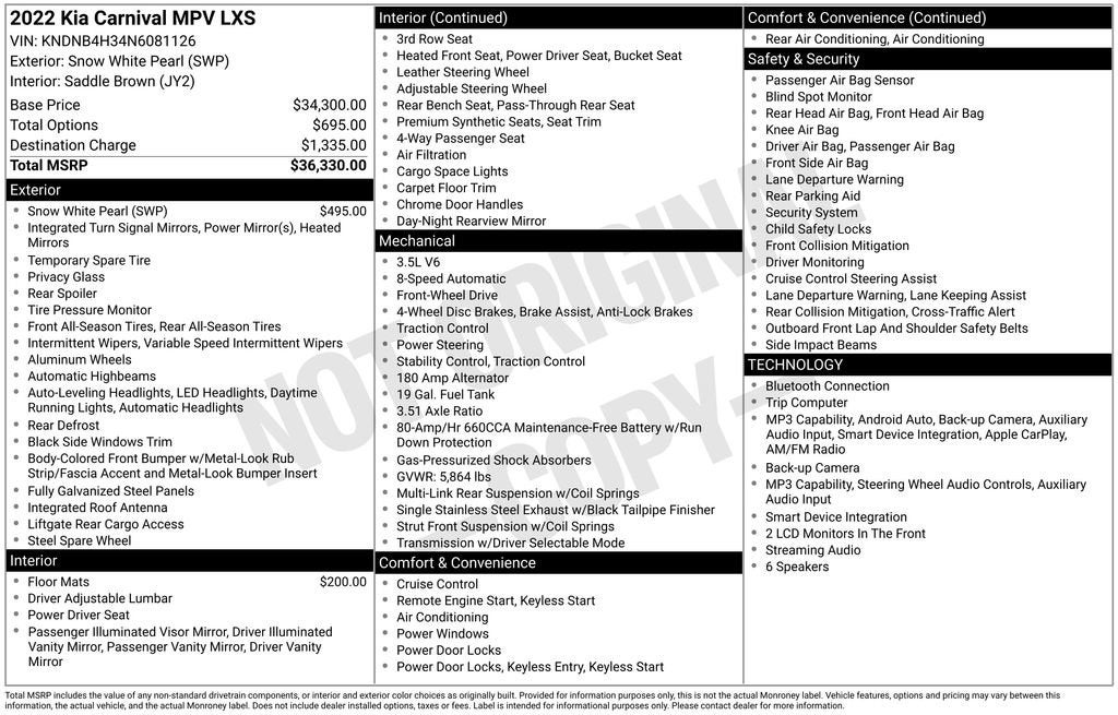 2022 Kia Carnival MPV LX Seat Package